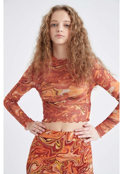 Coool Skinny Fit Desenli Tül Uzun Kollu Crop Tişört X3360AZ22SP modelleri