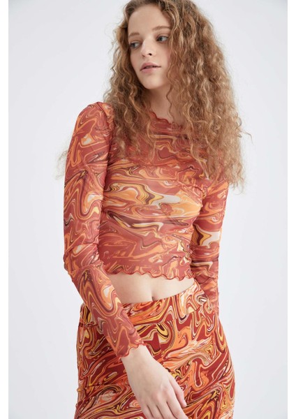 Coool Skinny Fit Desenli Tül Uzun Kollu Crop Tişört X3360AZ22SP fırsatları