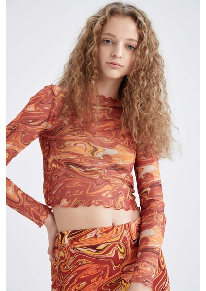 Coool Skinny Fit Desenli Tül Uzun Kollu Crop Tişört X3360AZ22SP indirimleri