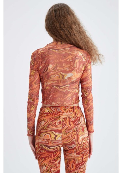 Coool Skinny Fit Desenli Tül Uzun Kollu Crop Tişört X3360AZ22SP