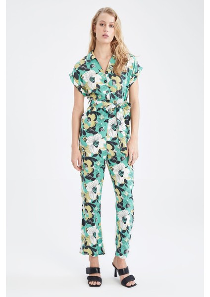 Desenli Gömlek Yaka Kısa Kollu Kuşaklı Midi Tulum U4403AZ22SM fiyatları