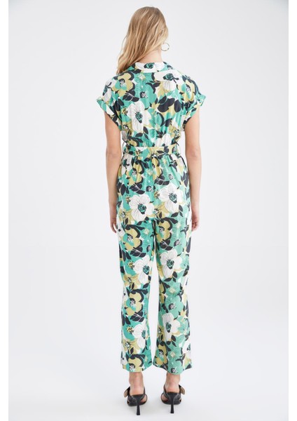 Desenli Gömlek Yaka Kısa Kollu Kuşaklı Midi Tulum U4403AZ22SM indirimleri