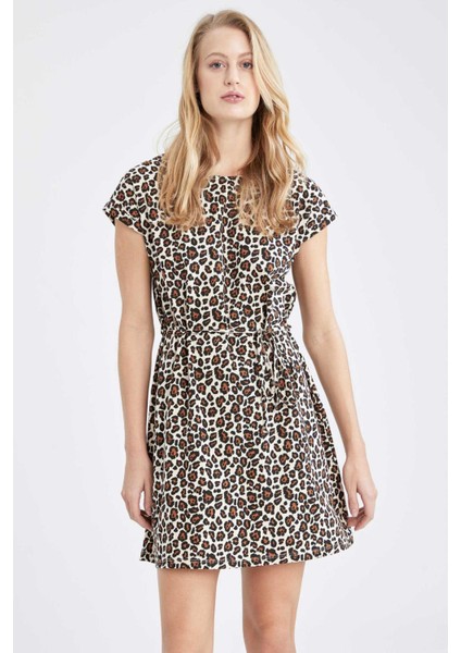 Leopar Desenli Beli Bağcıklı Yazlık Mini %100 Pamuk Elbise V0047AZ22HS
