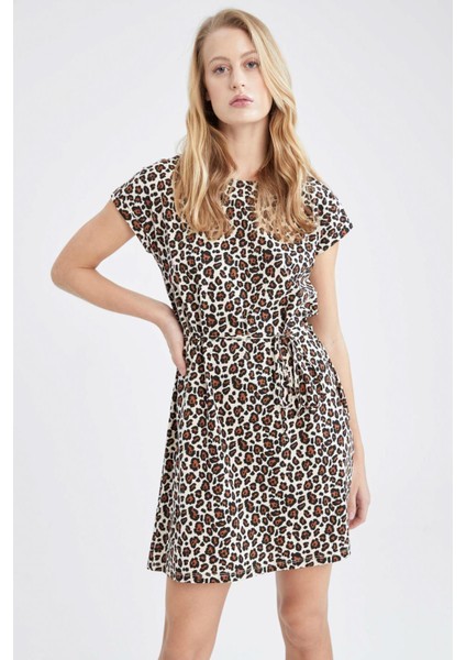 Leopar Desenli Beli Bağcıklı Yazlık Mini %100 Pamuk Elbise V0047AZ22HS