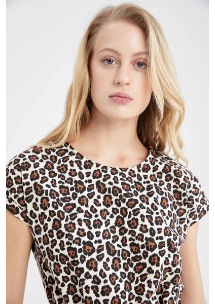 Leopar Desenli Beli Bağcıklı Yazlık Mini %100 Pamuk Elbise V0047AZ22HS