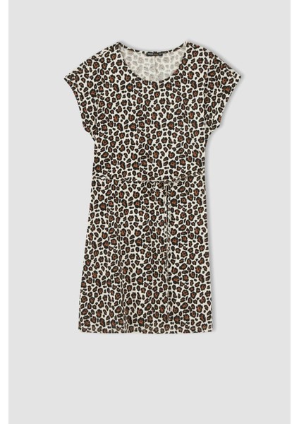 Leopar Desenli Beli Bağcıklı Yazlık Mini %100 Pamuk Elbise V0047AZ22HS