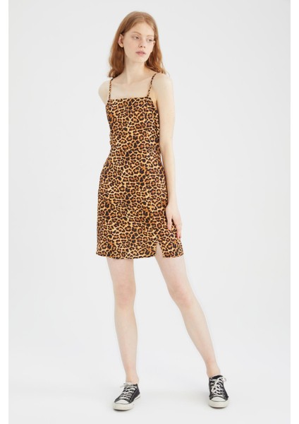 Coool Bodycon Kare Yaka Leopar Desenli Askılı Mini Elbise W7603AZ22SM fiyatları
