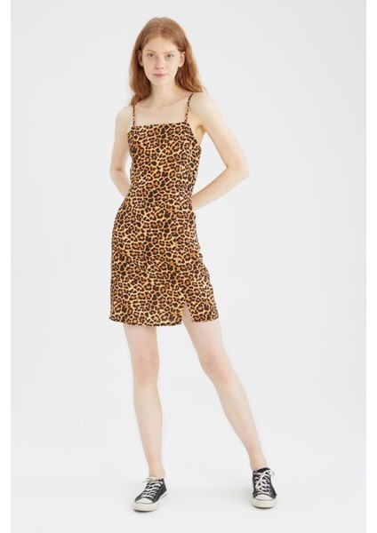 Coool Bodycon Kare Yaka Leopar Desenli Askılı Mini Elbise W7603AZ22SM modelleri