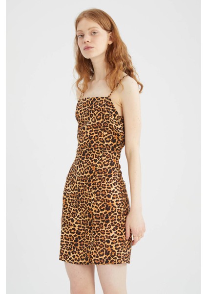 Coool Bodycon Kare Yaka Leopar Desenli Askılı Mini Elbise W7603AZ22SM fırsatları
