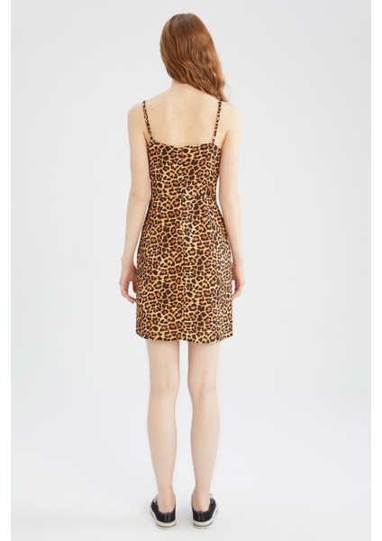 Coool Bodycon Kare Yaka Leopar Desenli Askılı Mini Elbise W7603AZ22SM indirimleri