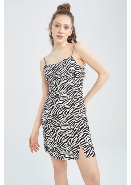 Coool Bodycon Kare Yaka Zebra Desenli Askılı Mini Elbise W7603AZ22SM