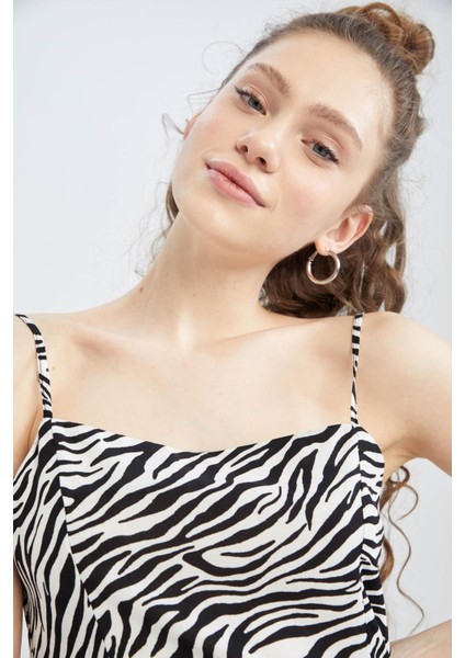 Coool Bodycon Kare Yaka Zebra Desenli Askılı Mini Elbise W7603AZ22SM modelleri