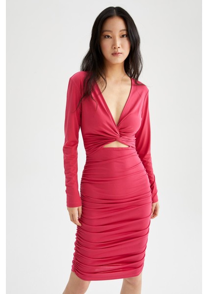 Bodycon V Yaka Kesik Detaylı Uzun Kollu Mini Elbise X2743AZ22SP