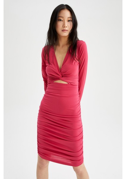 Bodycon V Yaka Kesik Detaylı Uzun Kollu Mini Elbise X2743AZ22SP