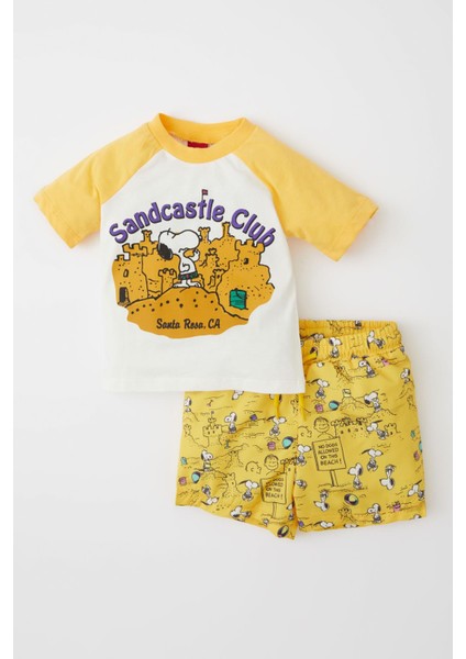 Erkek Bebek Snoopy Kısa Kollu Tişört Deniz Şort 2'li Takım W8542A222SM