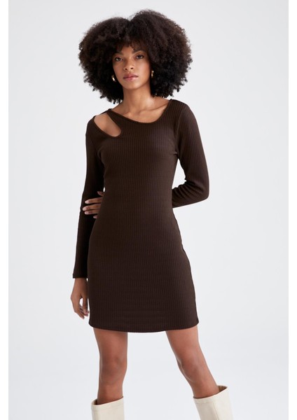 Bodycon Slim Fit Bisiklet Yaka Kesik Detaylı Uzun Kollu Kaşkorse Mini Elbise X3623AZ22SP indirimleri