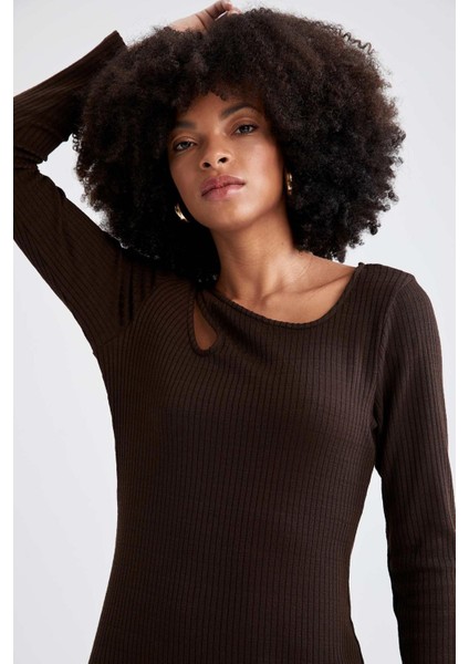 Bodycon Slim Fit Bisiklet Yaka Kesik Detaylı Uzun Kollu Kaşkorse Mini Elbise X3623AZ22SP