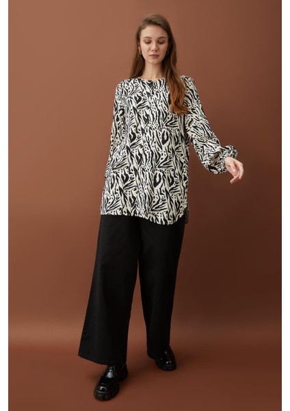 Relax Fit Desenli Uzun Kollu Viskon Gömlek Tunik X1334AZ22SP