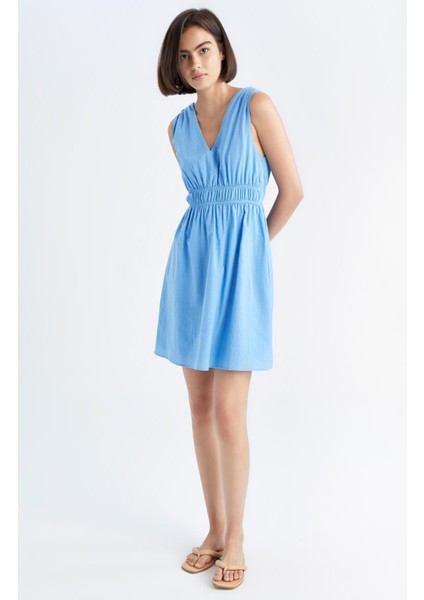 A Kesim V Yaka Keten Görünümlü Mini Kalın Askılı Elbise Y7685AZ22HS