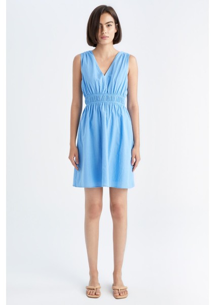 A Kesim V Yaka Keten Görünümlü Mini Kalın Askılı Elbise Y7685AZ22HS fiyatları