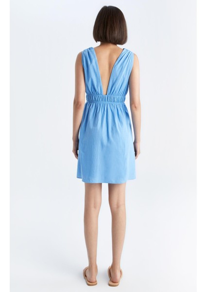 A Kesim V Yaka Keten Görünümlü Mini Kalın Askılı Elbise Y7685AZ22HS fırsatları