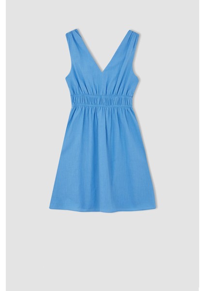 A Kesim V Yaka Keten Görünümlü Mini Kalın Askılı Elbise Y7685AZ22HS indirimleri