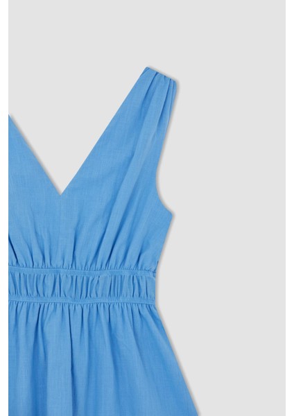 A Kesim V Yaka Keten Görünümlü Mini Kalın Askılı Elbise Y7685AZ22HS