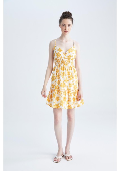 A Kesim V Yaka Askılı Floral Keten Görünümlü Mini Elbise Y8128AZ22HS fiyatları