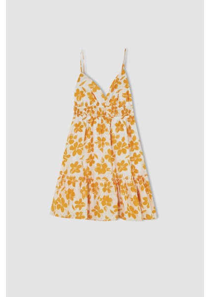 A Kesim V Yaka Askılı Floral Keten Görünümlü Mini Elbise Y8128AZ22HS