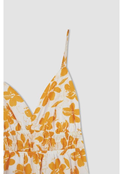 A Kesim V Yaka Askılı Floral Keten Görünümlü Mini Elbise Y8128AZ22HS