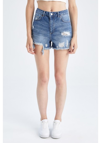 Mom Fit Yırtık Detaylı Jean %100 Pamuk Şort Y8090AZ22HS