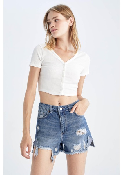 Mom Fit Yırtık Detaylı Jean %100 Pamuk Şort Y8090AZ22HS modelleri