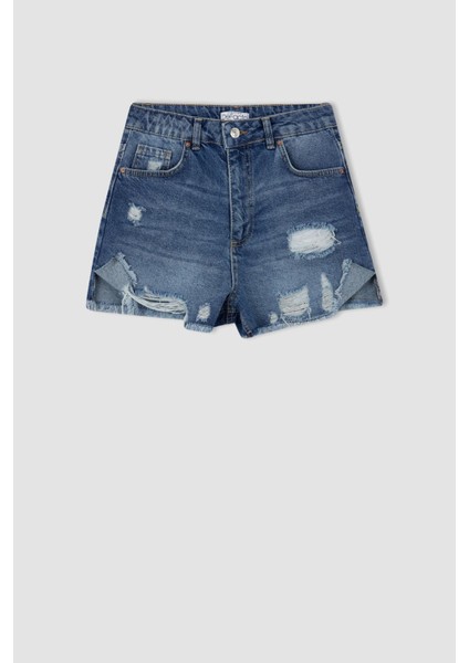 Mom Fit Yırtık Detaylı Jean %100 Pamuk Şort Y8090AZ22HS
