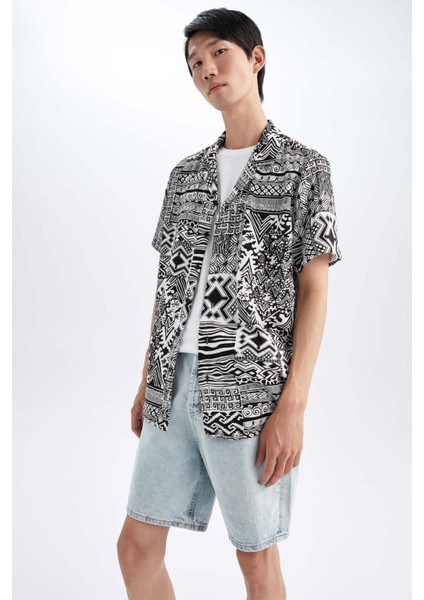 Regular Fit Apaş Yaka Baskılı Viskon Kısa Kollu Pamuklu Gömlek Y8928AZ22HS modelleri