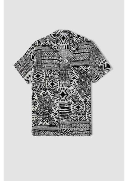 Regular Fit Apaş Yaka Baskılı Viskon Kısa Kollu Pamuklu Gömlek Y8928AZ22HS