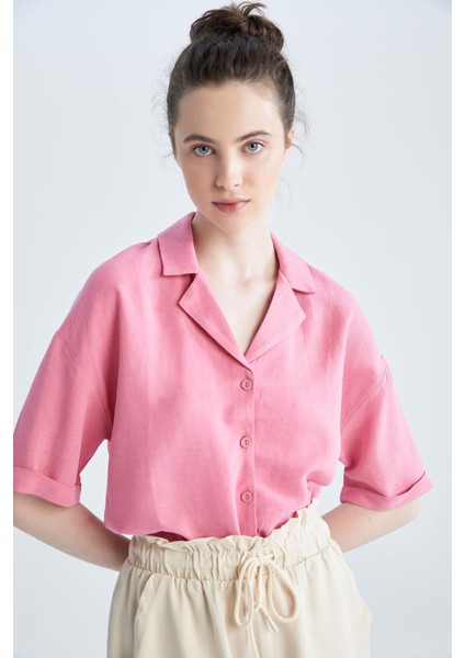 Ceket Yaka Relax Fit Kısa Kollu Keten Gömlek U2927AZ22HS fırsatları