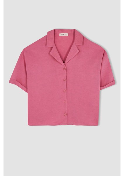 Ceket Yaka Relax Fit Kısa Kollu Keten Gömlek U2927AZ22HS