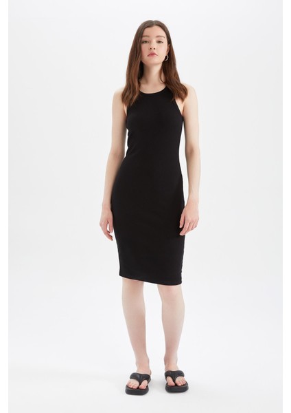 Bodycon Basic Halter Yaka Pamuklu Midi Elbise U8106AZ22SM