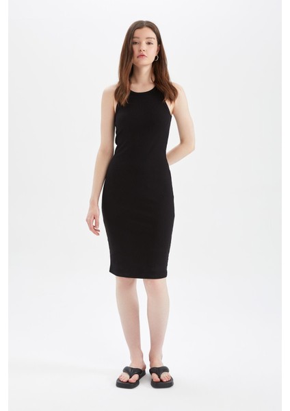 Bodycon Basic Halter Yaka Pamuklu Midi Elbise U8106AZ22SM