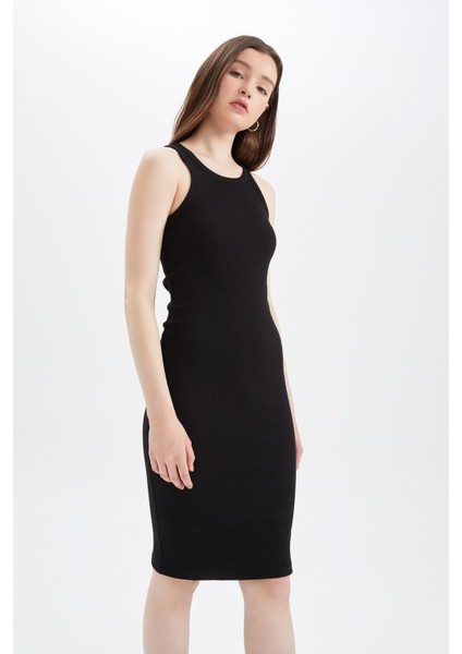 Bodycon Basic Halter Yaka Pamuklu Midi Elbise U8106AZ22SM