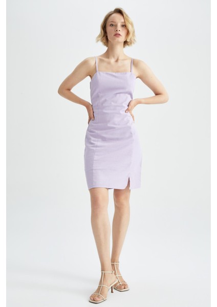 A Kesim Askılı Keten Karışımlı Yırtmaçlı Midi Elbise X8936AZ22SM