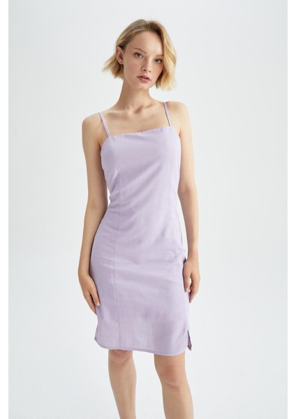 A Kesim Askılı Keten Karışımlı Yırtmaçlı Midi Elbise X8936AZ22SM