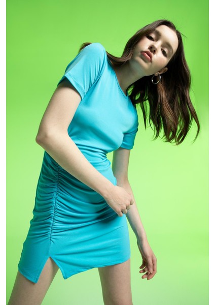 Coool Bisiklet Yaka Büzgü Detaylı Kısa Kollu Bodycon Mini Elbise Y0107AZ22SP