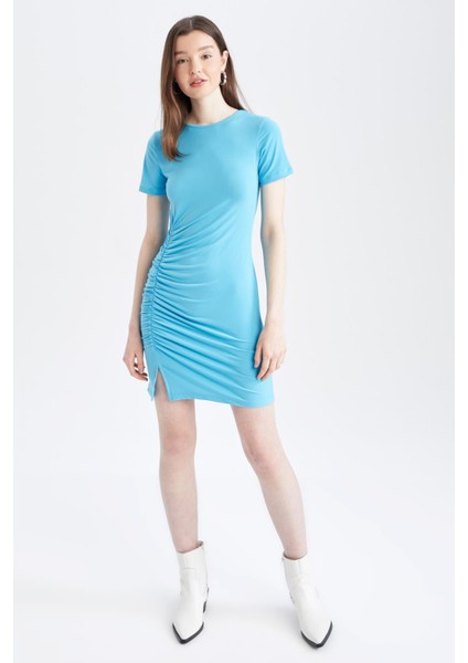 Coool Bisiklet Yaka Büzgü Detaylı Kısa Kollu Bodycon Mini Elbise Y0107AZ22SP fırsatları