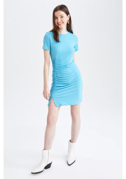 Coool Bisiklet Yaka Büzgü Detaylı Kısa Kollu Bodycon Mini Elbise Y0107AZ22SP indirimleri