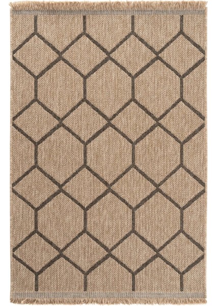 Bej & Siyah Geometrik Desenli Jüt Kilim - Bohem Salon ve Mutfak Halısı - Hoom Rugs India 669