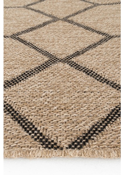 Bej & Siyah Geometrik Desenli Jüt Kilim - Bohem Salon ve Mutfak Halısı - Hoom Rugs India 669