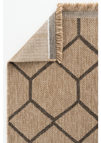 Bej & Siyah Geometrik Desenli Jüt Kilim - Bohem Salon ve Mutfak Halısı - Hoom Rugs India 669