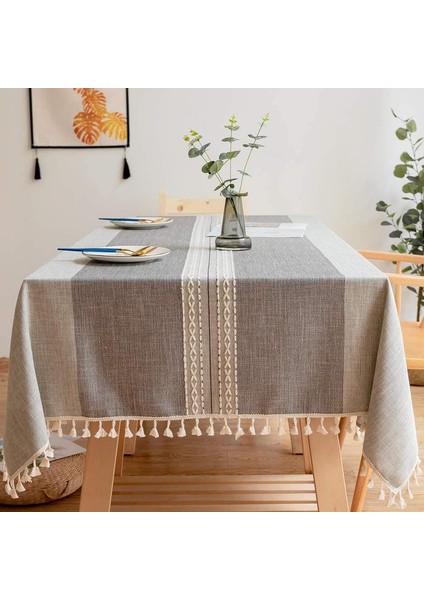Dikdörtgen Masa Örtüsü 140X140CM Çift Çizgili Gri (Yurt Dışından)