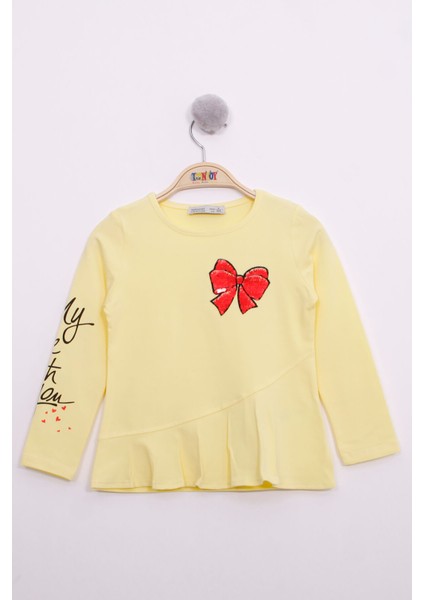Toontoy Kız Çocuk Göğsü Pullu Fiyonklu Nakışlı T-Shirt